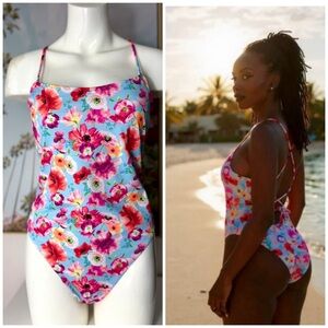 Victoria’s Secret Blue Pink Orange Floral Lace-Up Back One Piece Swimsuit XL